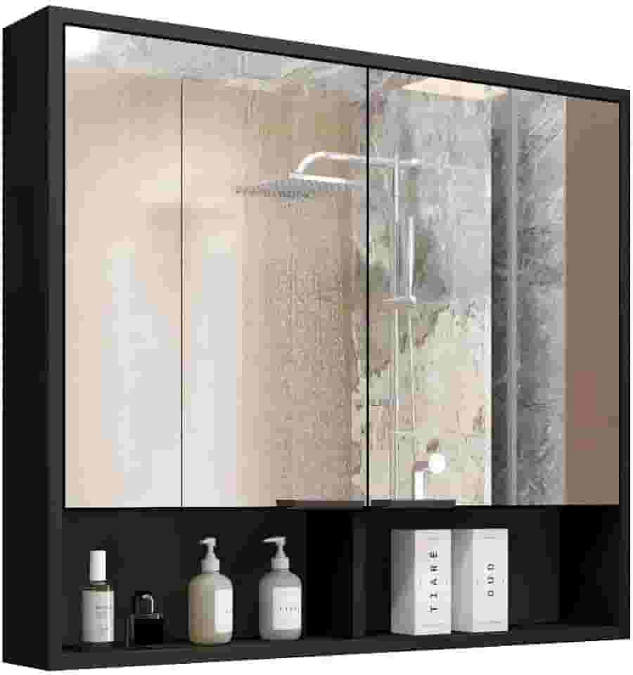 Armário de Banheiro Aéreo 2 Portas Com Espelho Espelheira Com Nicho Aquiles (Preto Flexcollor Nature)