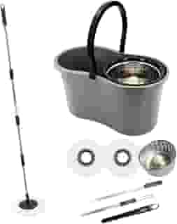 Mop com Balde Giratório Cesto em Inox 9 Litros Esfregão para Limpeza Lava e Seca com 2 Refis de Microfibra Premium