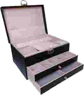 Porta-Joias Premium com 2 Camadas, 88 Espaços para Brincos, 15 Ganchos para Colares, 36 Anéis, Caixa Com Gavetas e Chave de Trava, (Preto)