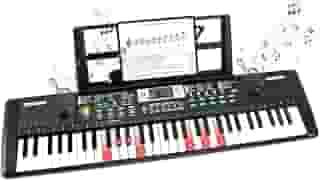 Teclado Musical Digital, 61 Teclas Iluminadas,Piano Digital para Iniciantes, modo de ensino, 200 Tons, 60 canções de demonstração, microfone, suporte musical, Bateria Recarregável