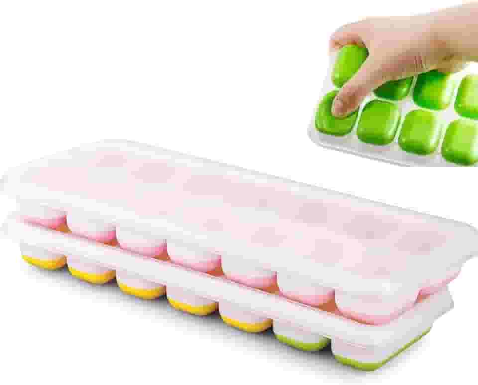 Kit 2 Formas de Gelo com Tampa, 14 Cubos, Silicone Flexível, Kit 2 Unidades, para Alimentos e Papinhas