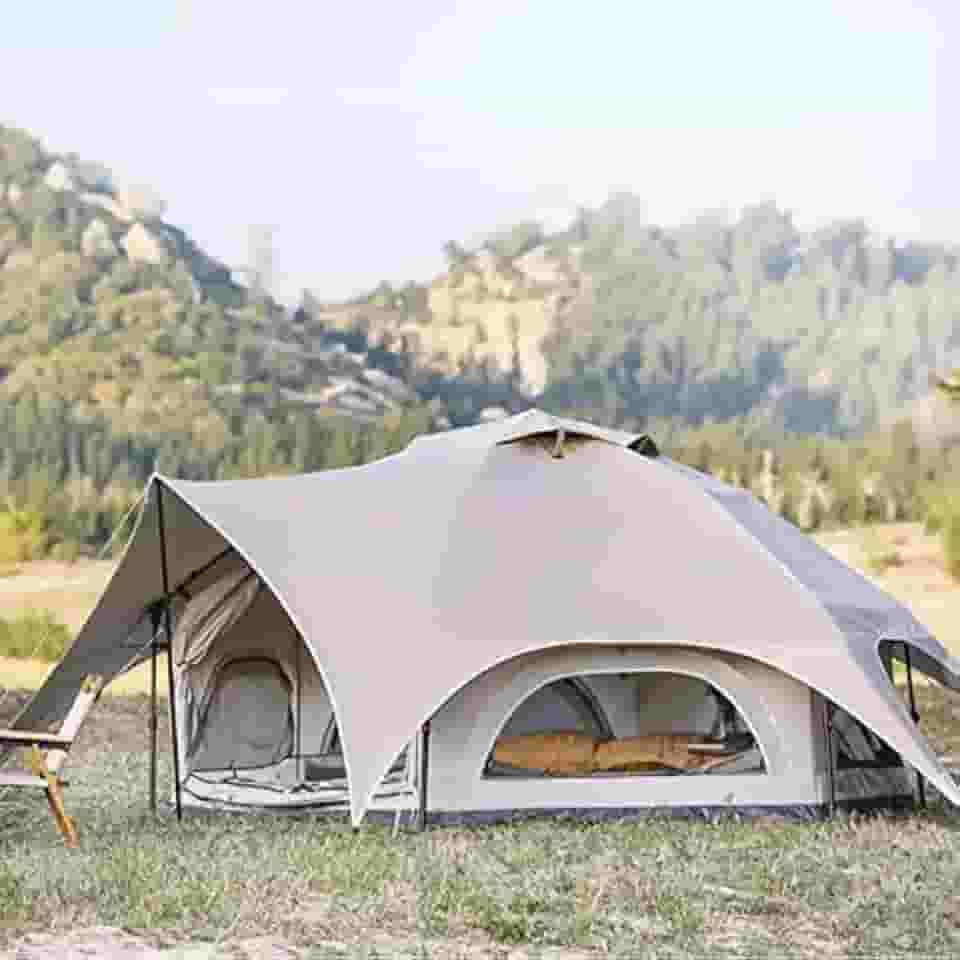 MIIKHI Barraca hexagonal para 6 homens, barraca de acampamento para família para 6 pessoas com vista panorâmica de 360°, 4 estações, luxuosa, camada dupla, grande, lona, glamping, sino, tenda, para