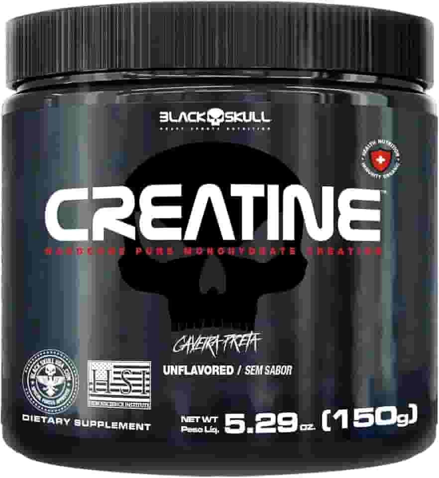 Black Skull Creatine Monohydrate - Suplementação para Treino, Performance, Ganho Muscular, Hipertrofia, Força e Resistência - Sem Sabor - Pote 150g