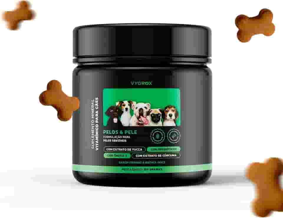 Suplemento Vitamínico Saboroso para Cães VYGROX 150g Pelo e Derme Saudáveis com EPA + DHA Ômega 3, Extrato de Cúrcuma e Yucca, Sabor Frango e Batata Doce