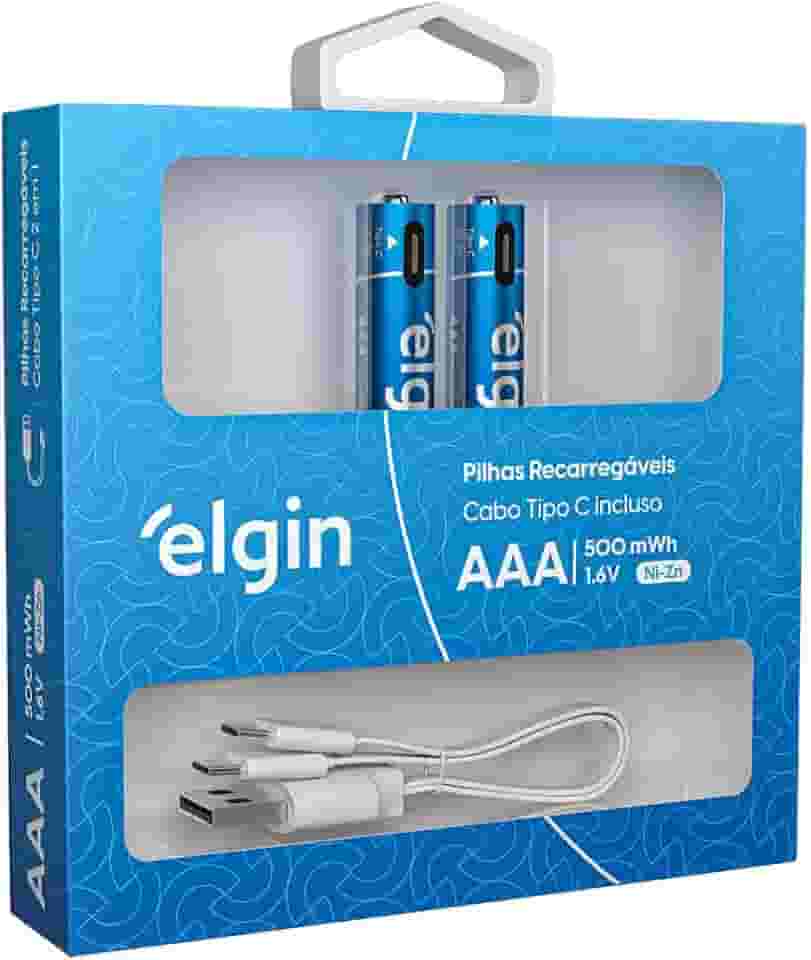 Pilha AAA Palito Recarregável Elgin - USB-C Integrado, 2 Unidades
