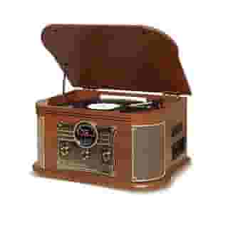 Raveo Vitrola Spazio com Toca-discos de 3 velocidades, Rádio FM, CD e Cassete players, USB e SD (reproduzem e gravam), entrada e saída auxiliares e tecnologia de conexão Bluetooth., Grande