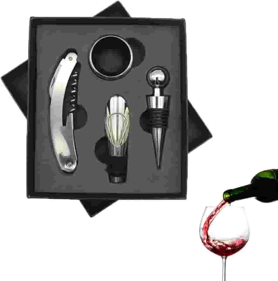 Kit Abridor de Vinho 4 Peças Premium – Saca-Rolhas em 2 Estágios, Dosador, Anel Anti-Gota e Tampa a Vácuo em Caixa Elegante Conjunto de Acessórios para Vinho