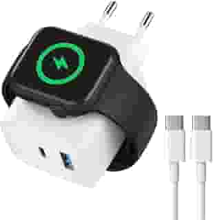 Carregador Relógio Watch 3 em 1 com Base Magnética Sem Fio + Cabo Tipo C Rápido + USB-A – (Compatível com Apple Watch) e Dispositivos USB-C Carregamento Turbo