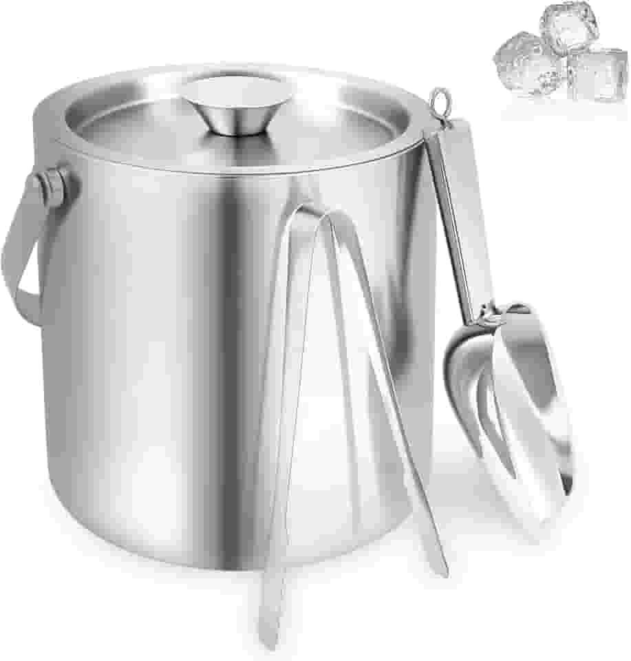 Balde de gelo de aço inoxidável de 2 L com tampa, colher e pinça, balde de gelo isolado de parede dupla, recipiente refrigerador de bebidas de boa refrigeração, portátil para festas e coquetéis