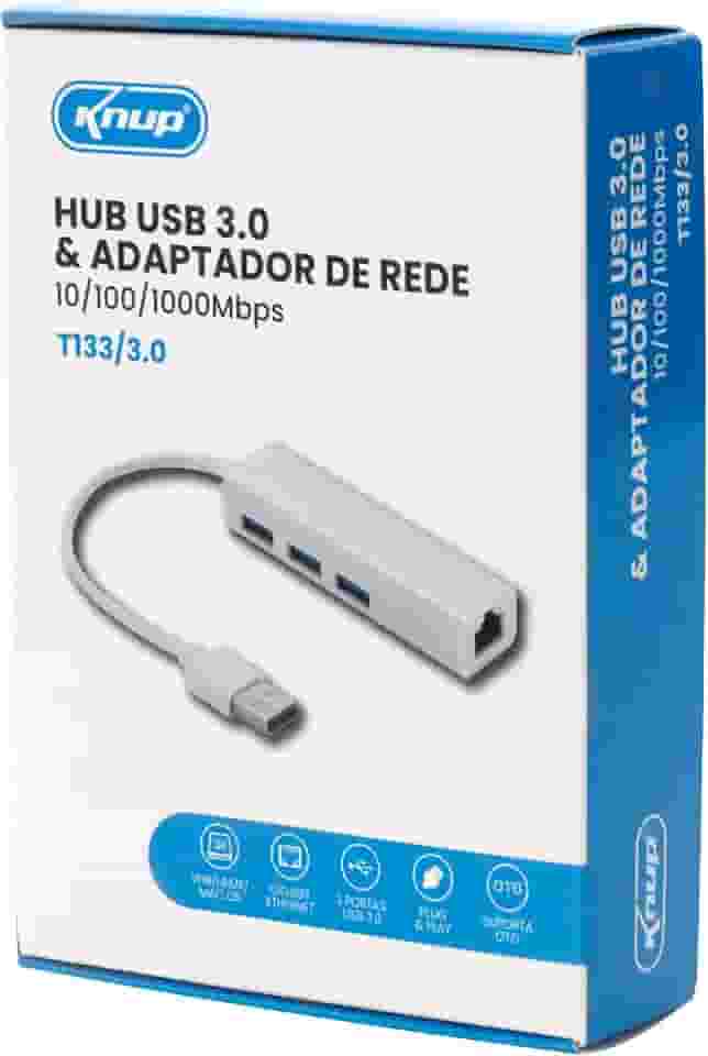 Hub USB A com 3 Portas e Adaptador de Rede Gigabit Knup, T133/3.0, 10/100 Mbps, Branco