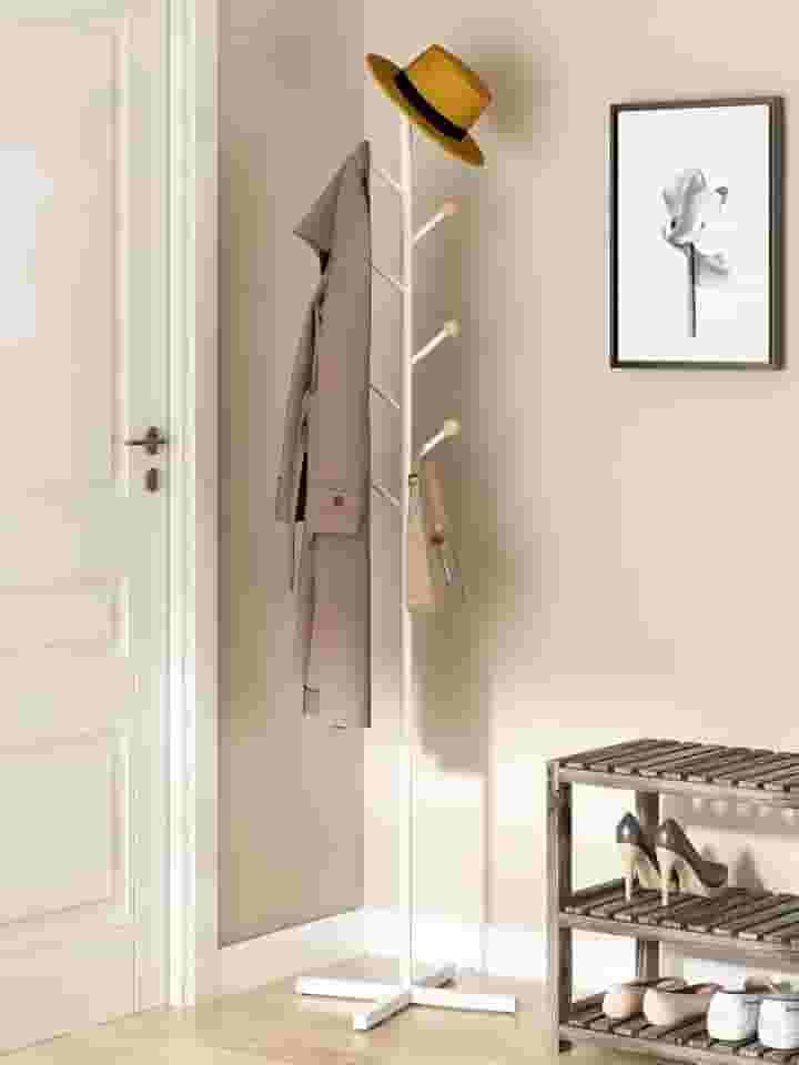 Cabideiro de Chão, Organizador de Roupas de Metal, Casacos, Bolsas, Cabide de Entrada, Adequado para Quartos, Salas de Estar e Entradas, Branco