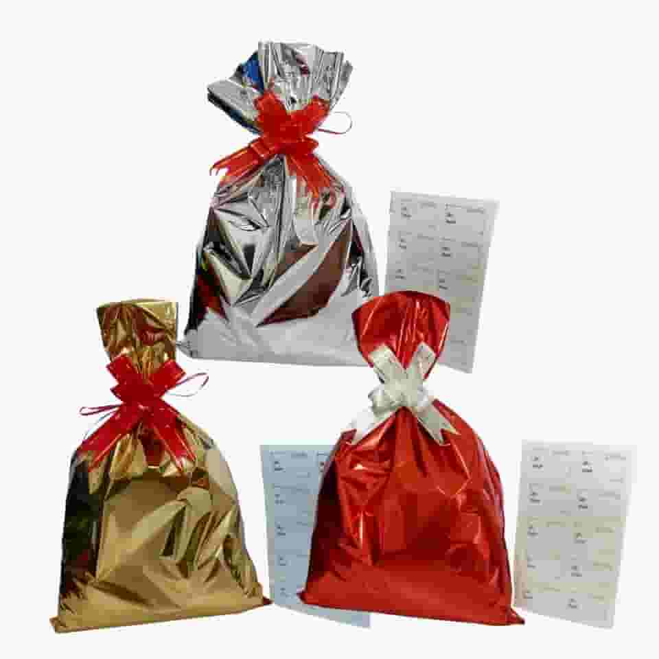 Kit 10 Sacos de Presente 25x37 cm, 10 Laços Fácil, 10 Etiquetas Adesivas para Presente (3 Cores:Dourado/Prata/Vermelho)