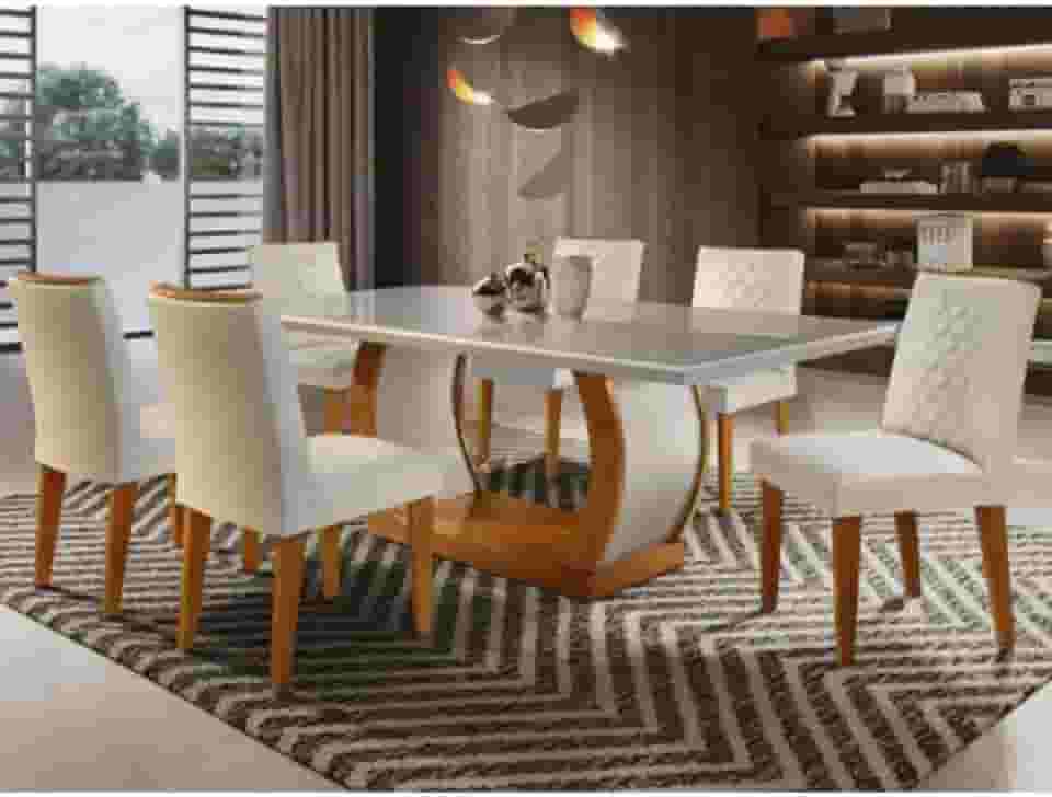 Conjunto Sala de Jantar Mesa Luanda 180x80cmtampo Vidro/mdf Canto Reto com 6 Cadeiras Luanda Rufato Off White/imbuia
