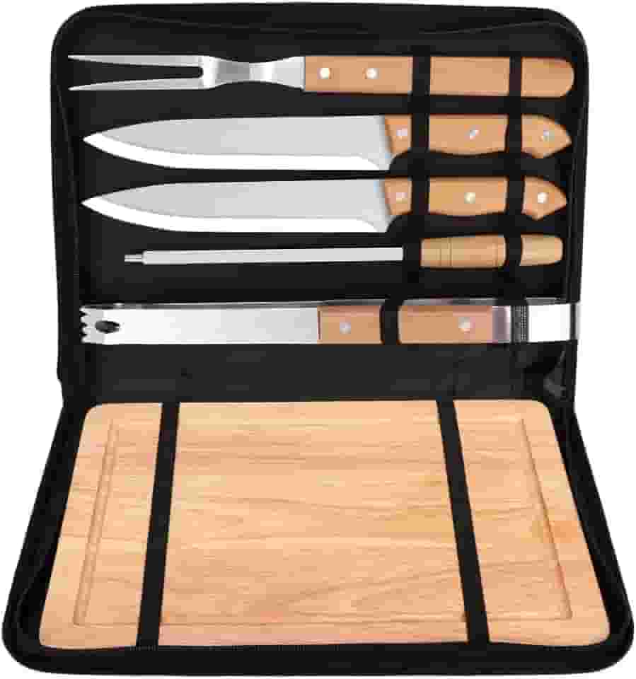 Kit Churrasco Tradicional Inox 6 Peças, Kit Churrasco com Tabua, Kit Churrasco, Kit Churrasco Inox, Kit Tábua para Churrasco, Kit de Churrasco 6 Peças com Tábua de Bambu