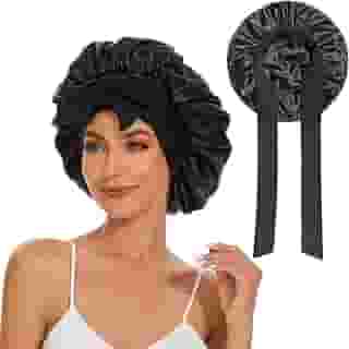 Touca de Cetim com Elastano Luxury – Faixa Ajustável com Laço, Anti-Frizz, Antiqueda e Conforto Ideal para Cabelos Cacheados, Lisos e Quimicamente Tratados (Preto)