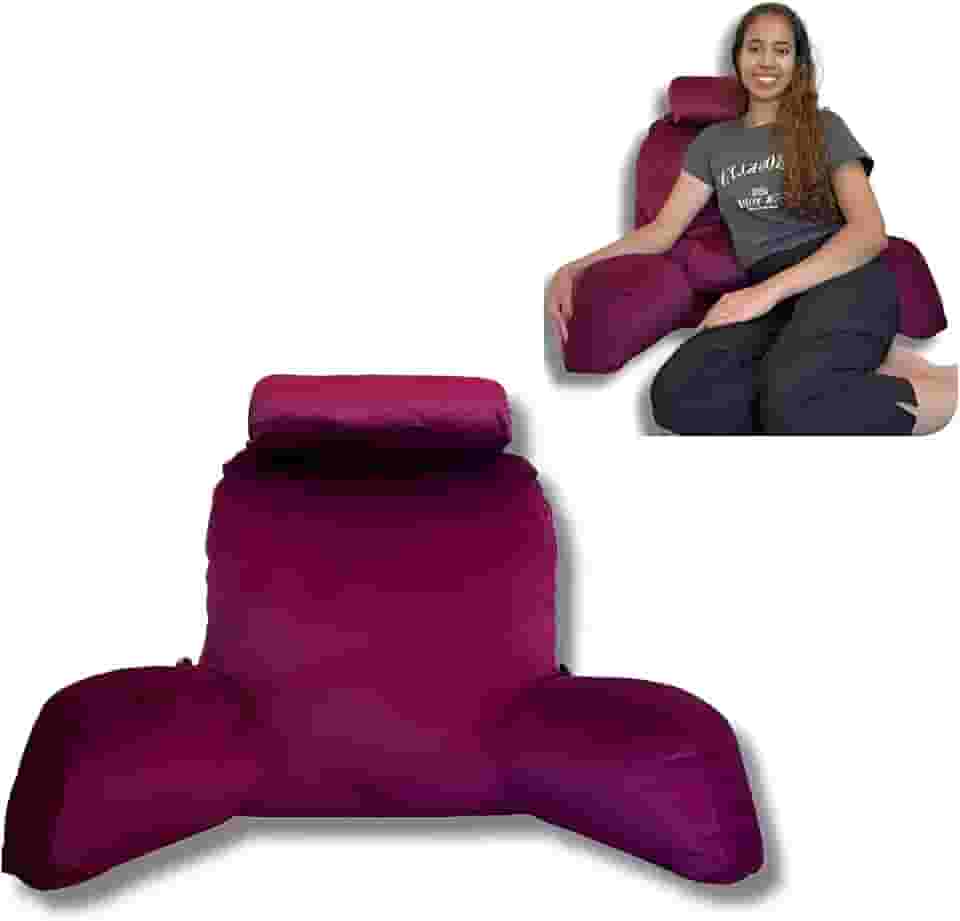 Almofada de Leitura com Apoio Lombar e Travesseiro para Pescoço – Suporte Ergonômico para Costas Braços em Cama ou Sofá – Ideal para Jovens, Adultos e Idosos – Tecido Suede (Vinho - Cód.:17, Grande)