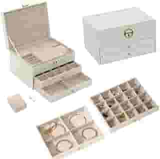 Porta Joias 2 Gavetas Couro Sintetico Organizadora com Chave (Branco)