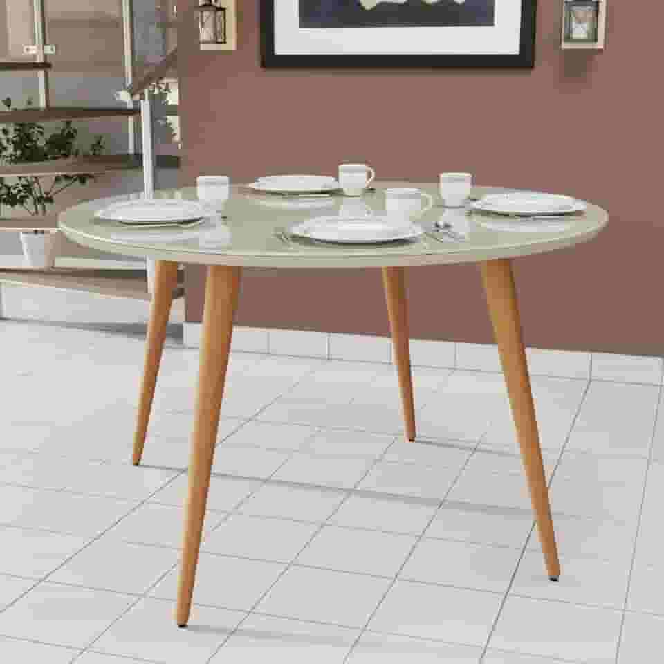 Mesa de Jantar Redonda Pés Palito Com Tampo em Vidro Moderna para Sala de Estar e Cozinha (Off White)