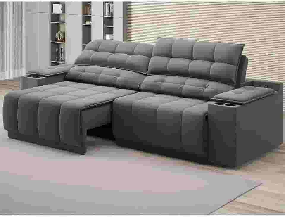 Sofá com Usb Retrátil e Reclinável Samurai Cinza 2,50m