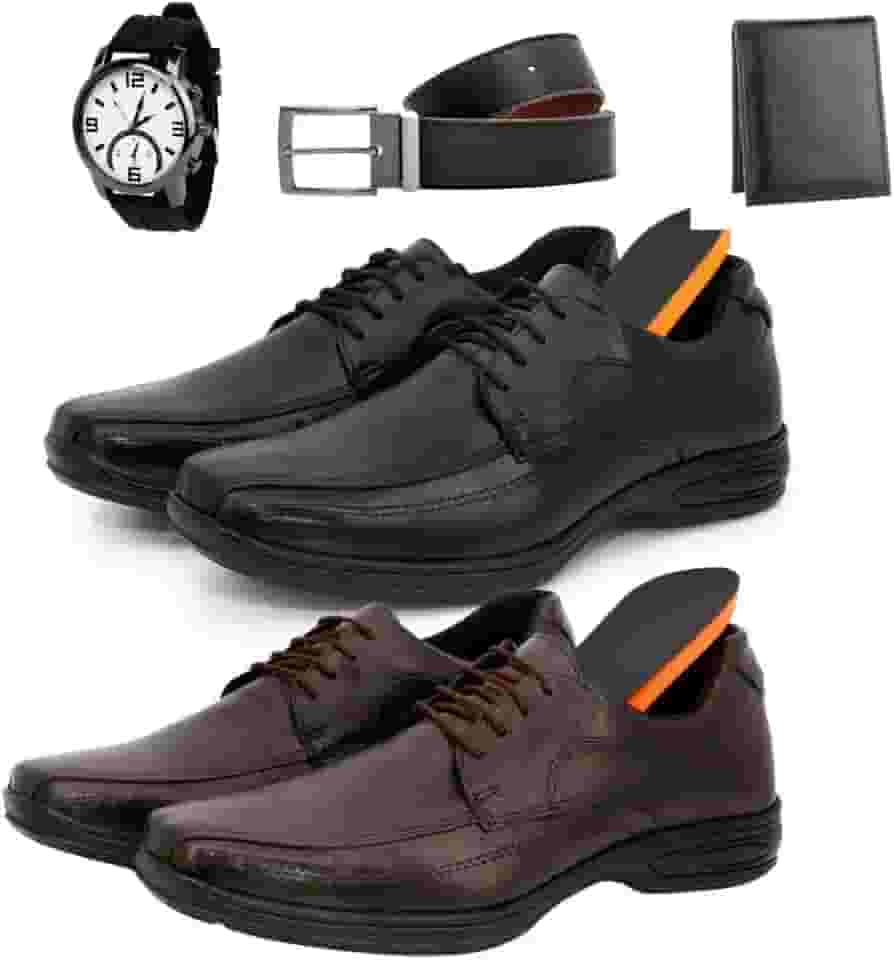 Kit 2 Pares Sapato Social Conforto preto Marrom Masculino Couro Legitimo + 3 Brindes