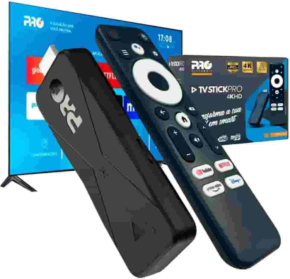 TV Stick Proeletronic 4K Ultra HD Android TV | 2GB RAM, 16GB Armazenamento, Wi-Fi 5GHz, Bluetooth, Controle Remoto com Comando de Voz Google Assistente