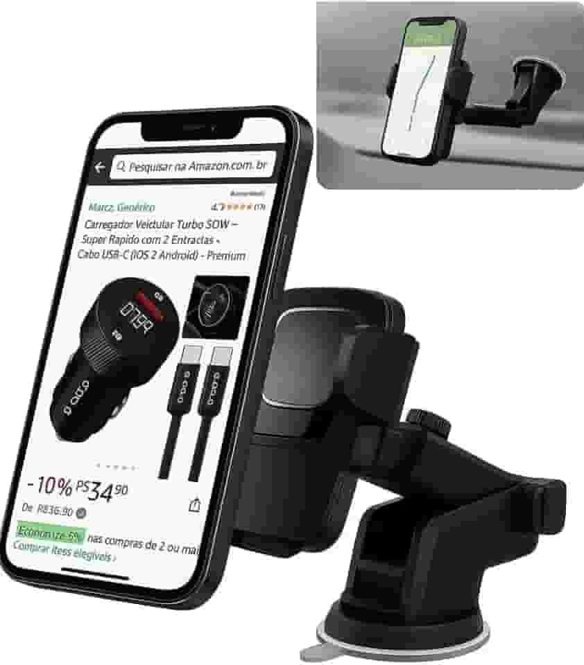 Suporte Veicular para Celular – Ventosa Ultra Forte, Rotação 360° e Antivibração, Ideal para Uber, Waze e GPS