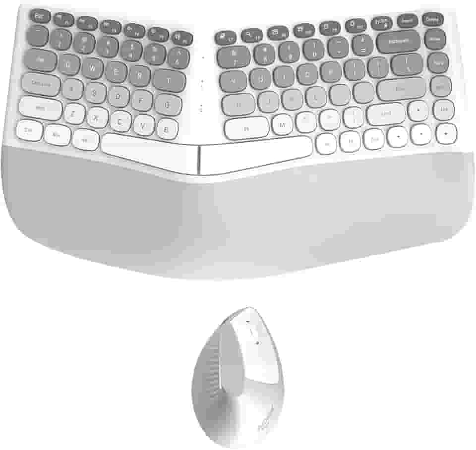TISHLED Conjunto ergonômico de teclado e mouse sem fio com descanso de pulso, teclas divididas curvas, silencioso, 84 teclas, conjunto de mouse vertical de 6 teclas para Win/Mac/PC/laptop, pilhas AAA