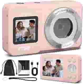 Câmera Digital, Câmera de Tela Dupla 4K 64MP, Zoom 18x, Aponte E Dispare 1 Baterias, Rosa, Camera Compacta, Time-Lapse, Temporizador, Vídeo HD（Cartão de Memória Não Incluído）