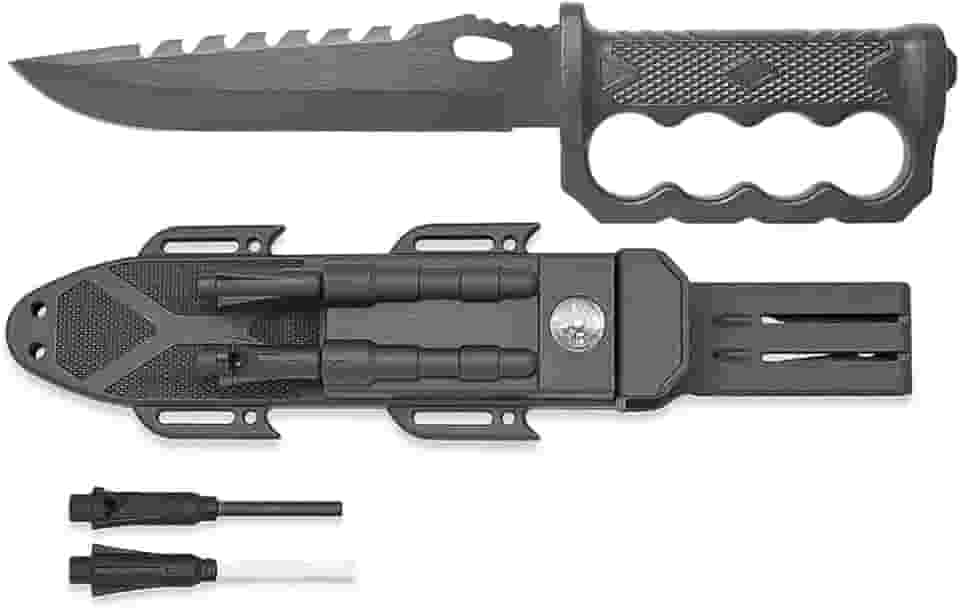 Faca Tática Militar Esportiva Caça Mergulho Pesca Com Bainha Bússola Pederneira Apito Sobrevivência (Preto)