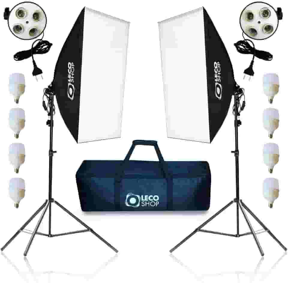 Kit 2 Softbox Quadruplo 50x70cm com 8 Lâmpadas + 2 Tripés 2m + Bolsa de Transporte – Iluminação Contínua Profissional para Estúdio Fotografia, Vídeo, YouTube, Lives e Maquiagem