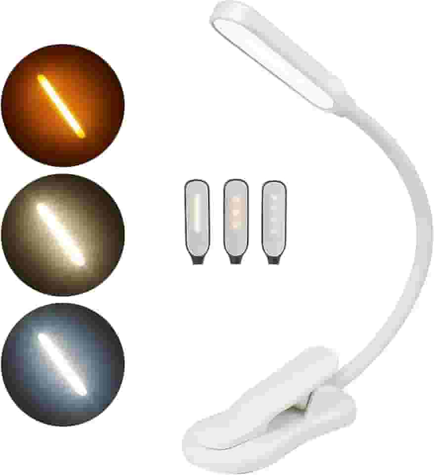 Luz de Leitura LED para Livro com Clip – USB Recarregável, 3 Níveis de Brilho e 3 Cores de Luz, Braço Flexível Portátil – Luminária de Livro Ideal para Leitura Noturna, Estudo e Viagem (Branco)
