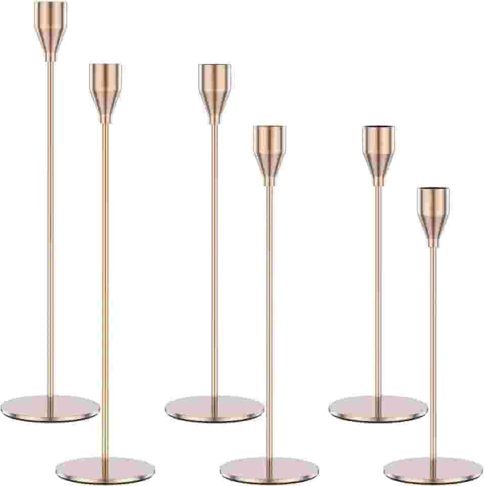 ZJRDYYK Castiçais de metal dourado/preto, conjunto de 6 castiçais, castiçais para casamento, jantar, festa ou aniversário (ouro)