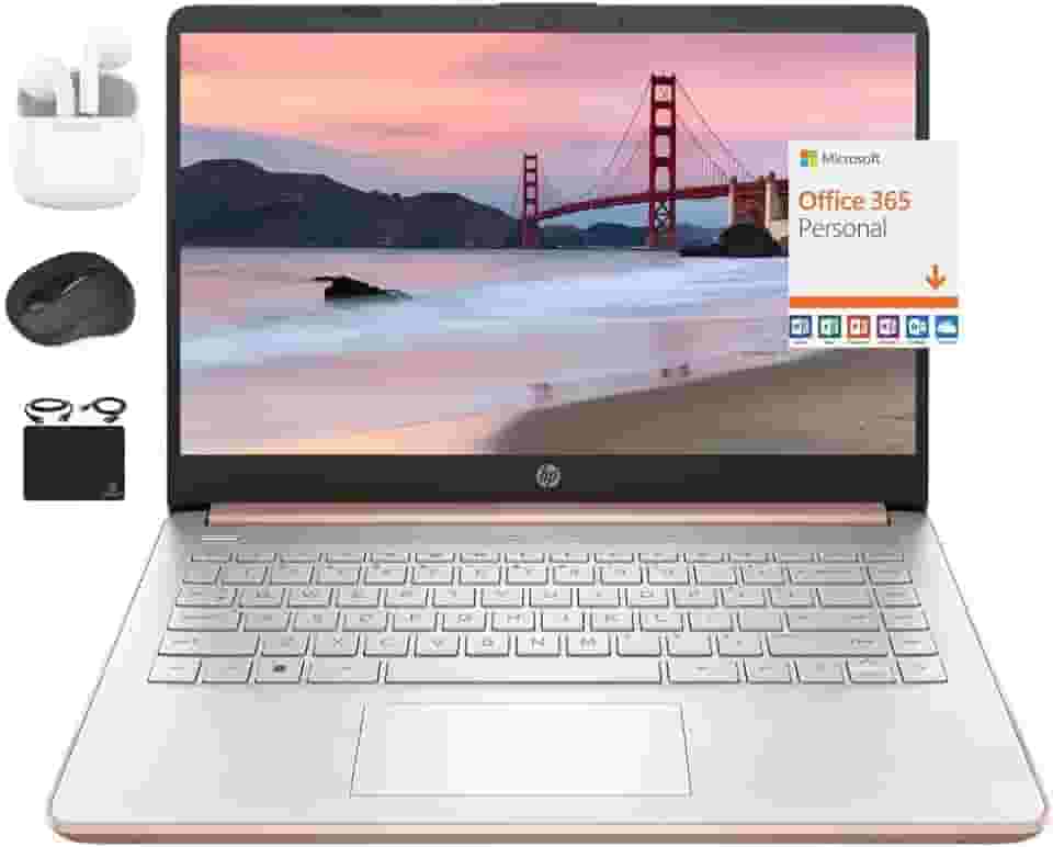 HP Novo laptop fino ultra leve HD de 14 polegadas, processador Intel Celeron quad-core, 4 GB de RAM, 192 GB (128 GB eMMC + cartão de 64 GB), Wi-Fi, até 11 horas, Windows 11S + 1 ano de escritório 365