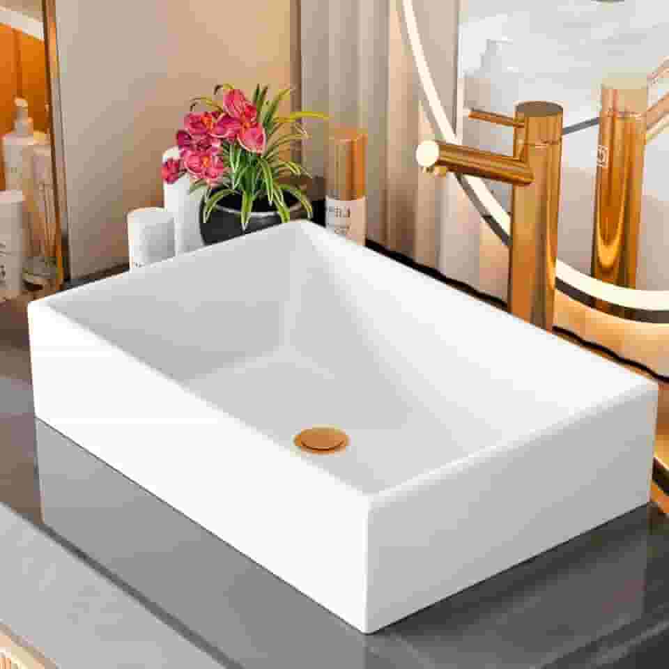 Pia Para Banheiro Cuba de Sobrepor 40cm Apoio Lavabo Retangular Mármore Sintético Branca