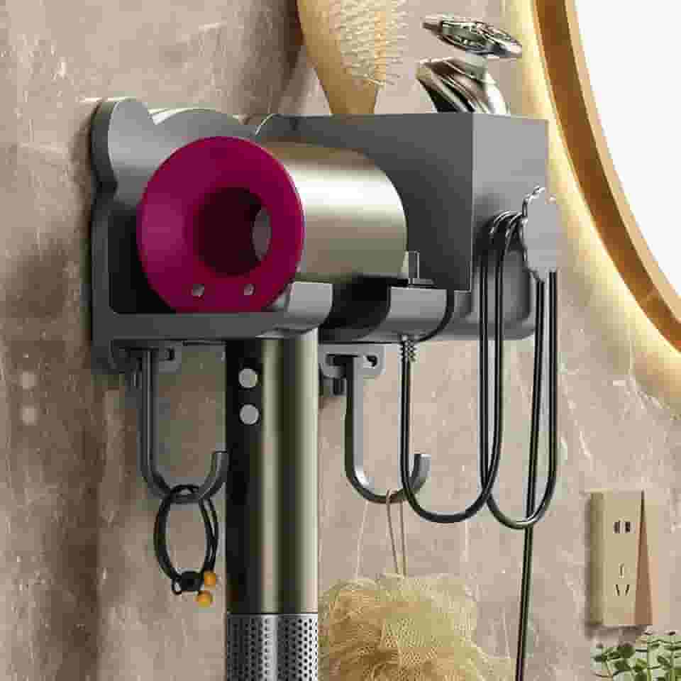 Organizador para Secador de Cabelo e Escova Iônica Chapinha de Parede Sem Furos Banheiro Com Compartimentos para Barbeador e Suporte Ferramentas Acessórios – Autoadesivo Dupla Face