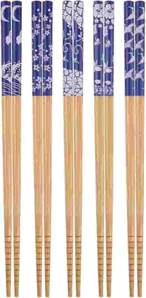 Jogo Kit de Hashi de Madeira (Palitinho Japonês) - Mosaico do Japão Azul e Branco - 5 pares