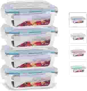 KIT 4 Potes de Vidro Retangular com Tampa Hermética 370ml Cor:Azul (QH)