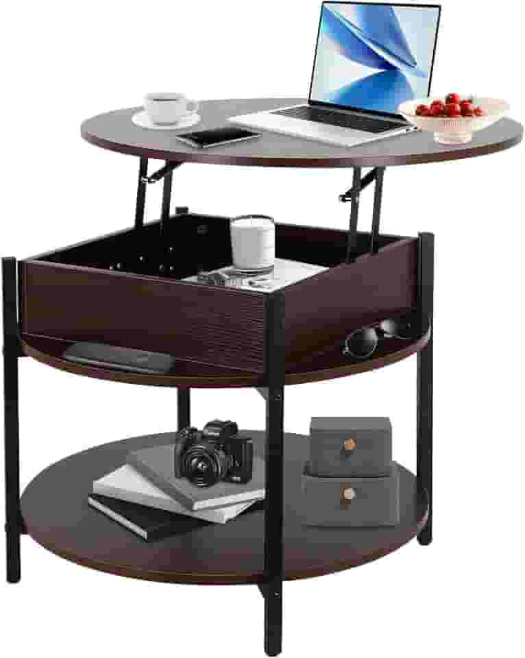 FAHKNS Mesa de centro redonda elevatória com armazenamento e compartimento oculto, mesa circular de duas camadas de 68 cm com design que economiza espaço para sala de estar, nogueira escura
