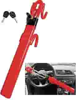 Dodomes Trava de volante, antifurto, dispositivo seguro para carro, braçadeira de comprimento ajustável, travas de gancho duplo, ajuste universal (vermelho)