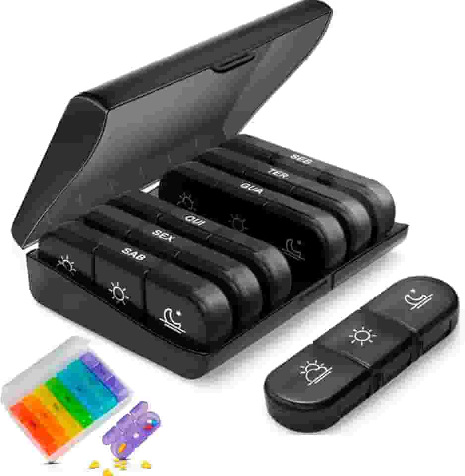 Organizador de Medicamentos Semanal, 7 Dias, 3 Compartimentos Diários, Estojo Portátil de Acrílico - EM PORTUGUÊS (cores sortidas: todo preto ou colorido)