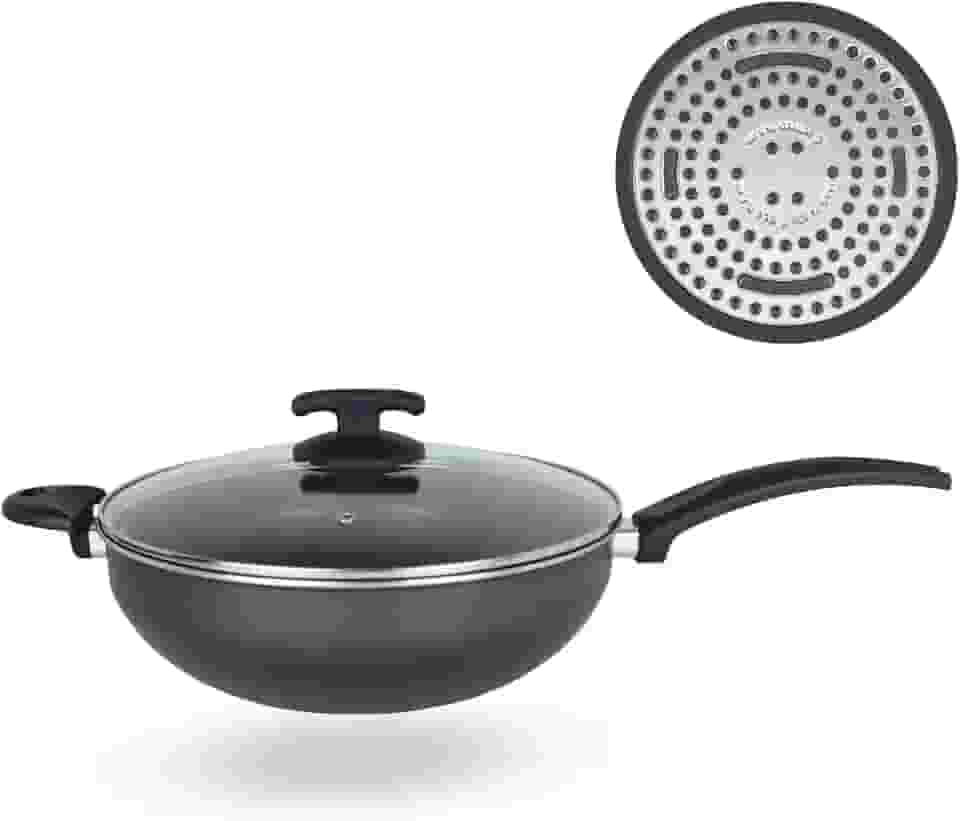 Panela Frigideira Wok Fundo de Indução 4,5L Alumínio Revestimento Antiaderente Tampa de Vidro Fogão Indução Dona Chefa