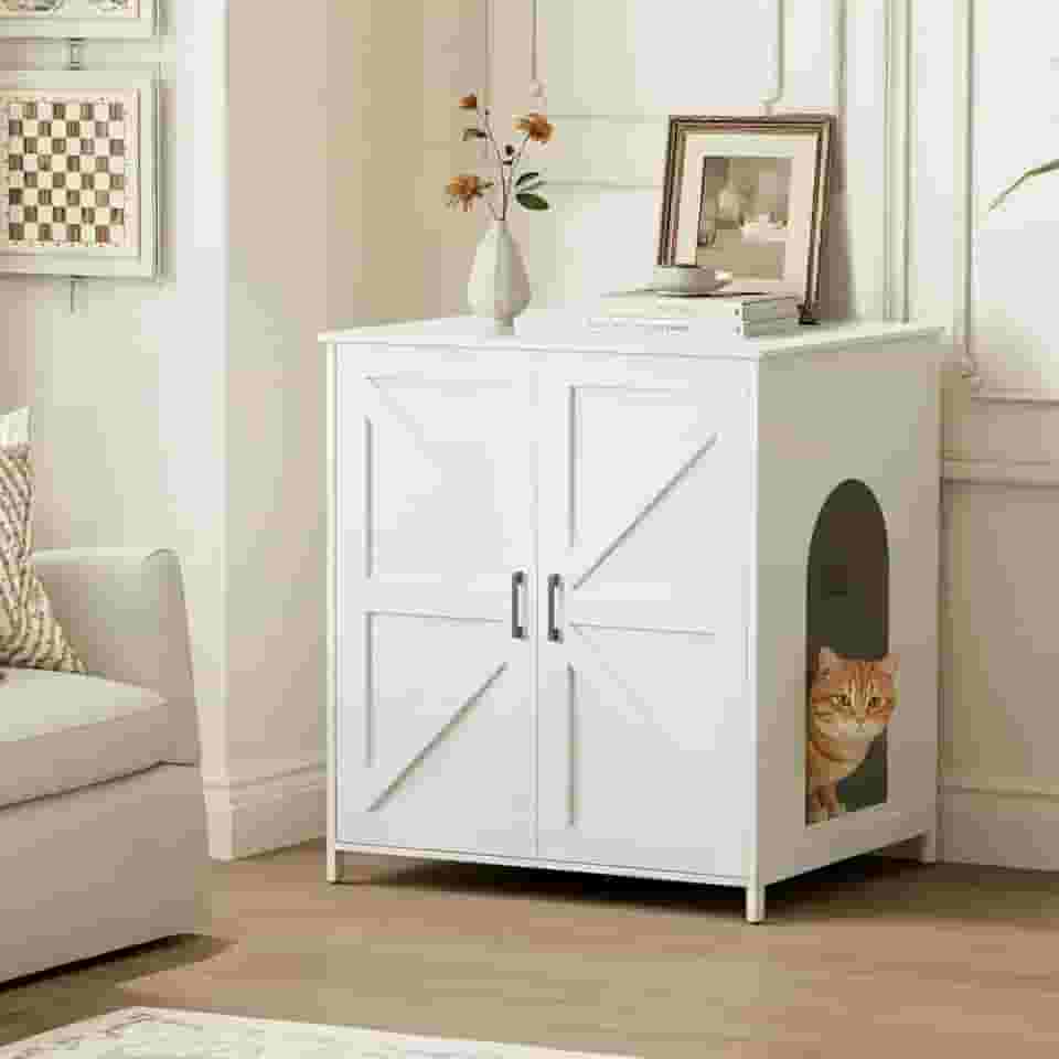 Homhedy Caixa de areia extragrande para gatos, para colocar robô de areia 3/4, armário de caixa de areia autolimpante, móveis de banheiro de madeira para gatos com porta de celeiro, casa de estimação