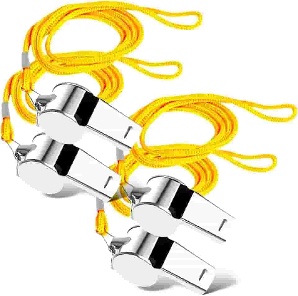 Kit 4 Apitos de Metal Profissional com Cordão de 42cm para Árbitro, Futebol, Acampamento