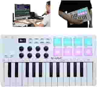 M-VAVE Controlador MIDI Bluetooth 25 Teclas com 8 Pads RGB, Bateria de 16h e Teclado Dinâmico - Compatível com Ableton/FL Studio/iOS/Android (Branco)-embalagem original Autêntico