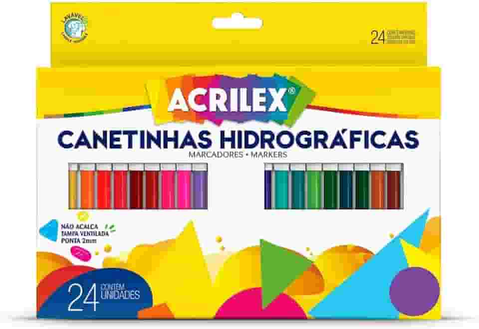 Caneta Hidrocor, Ponta 2 mm, 24 Cores, Acrilex