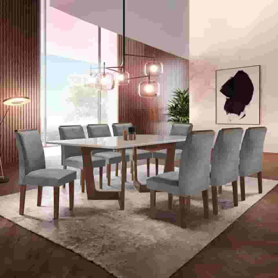Conjunto Sala De Jantar Nápoles Tampo Vidro/mdf com 8 Cadeiras Luísa Smart Plus Cel Móveis Chocolate/off White/cinza