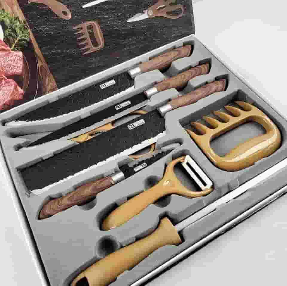 Kit Churrasco Premium 8 Peças – Conjunto Profissional de Facas Gourmet em Aço Inoxidável com Lâminas Antiaderentes e Corte Navalha – Amadeirado