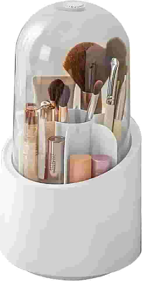 Porta Pincel Giratório Com Tampa em Acrílico, com 7 Divisórias - Maquiagem e Organização (Com Tampa Branco/Rosa)