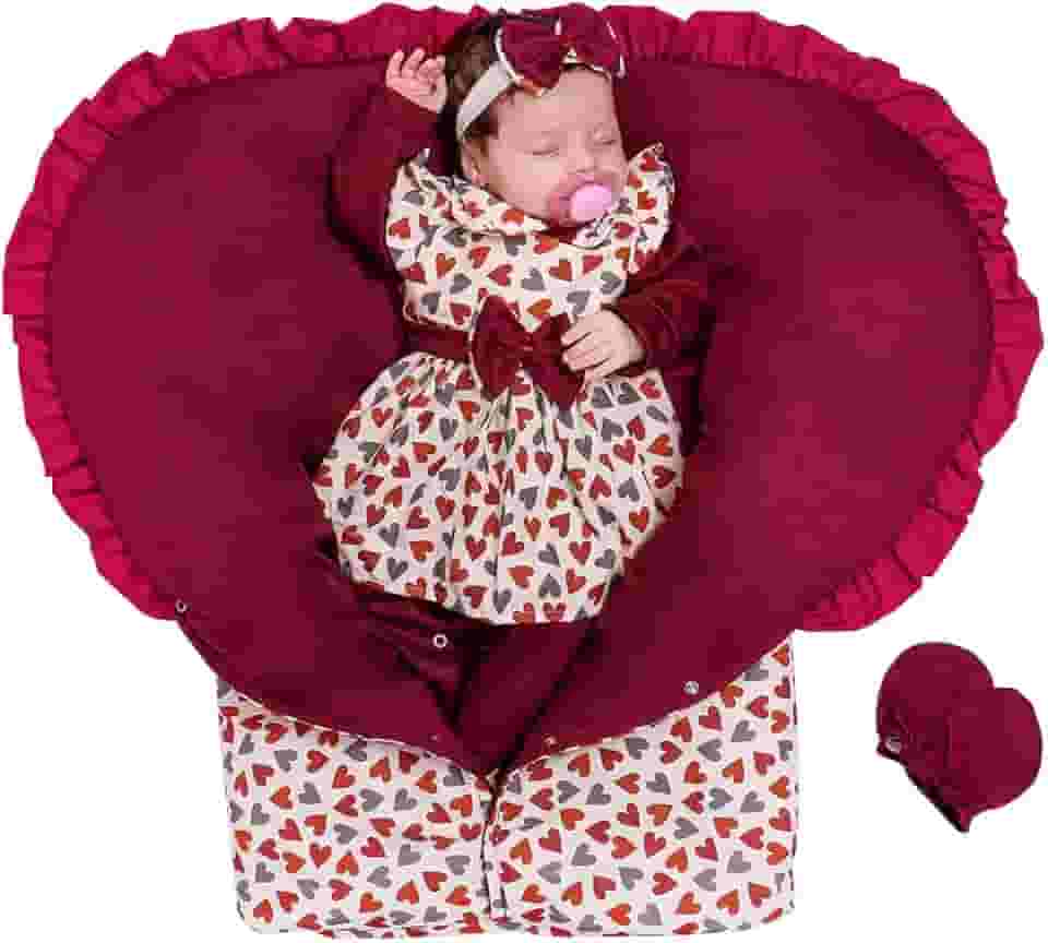 Saída de Maternidade Menina Corações Marsala com Porta Bebê Saco de Dormir