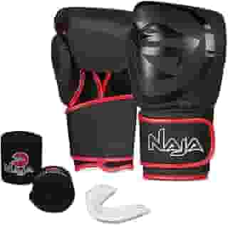 Luva de Boxe e Muay Thai Naja Black Line - 1 Par de luva + 1 Par de Bandagem Elástica + 1 Protetor Bucal